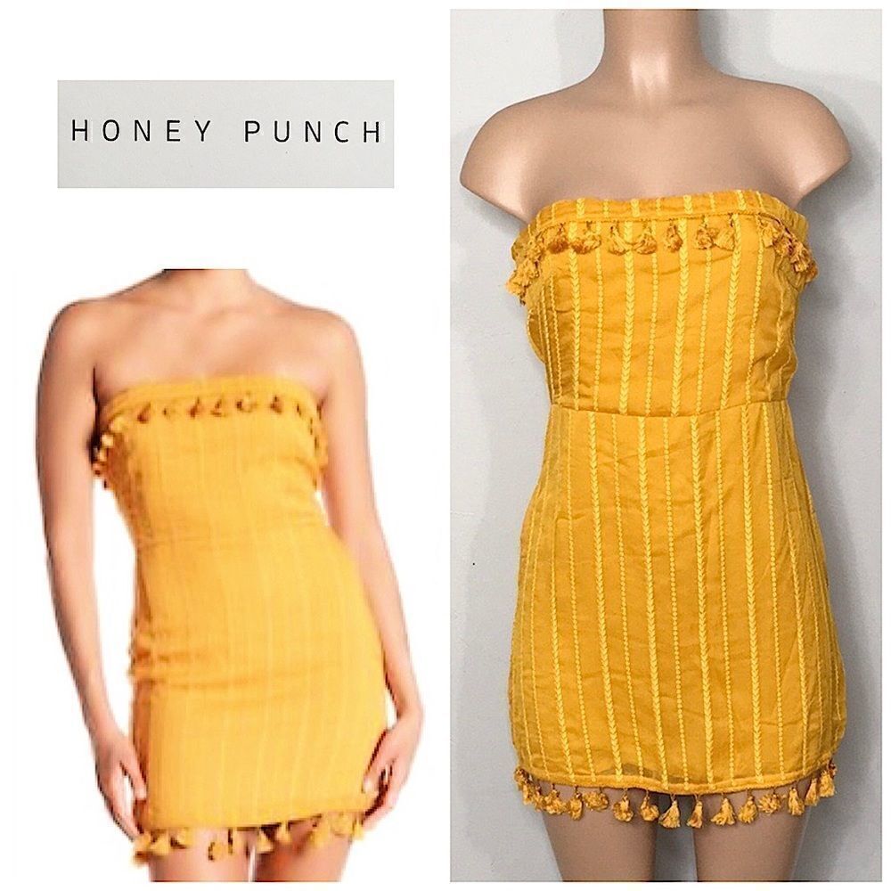 Honey punch gold strapless mini dress with tassels. New with tags